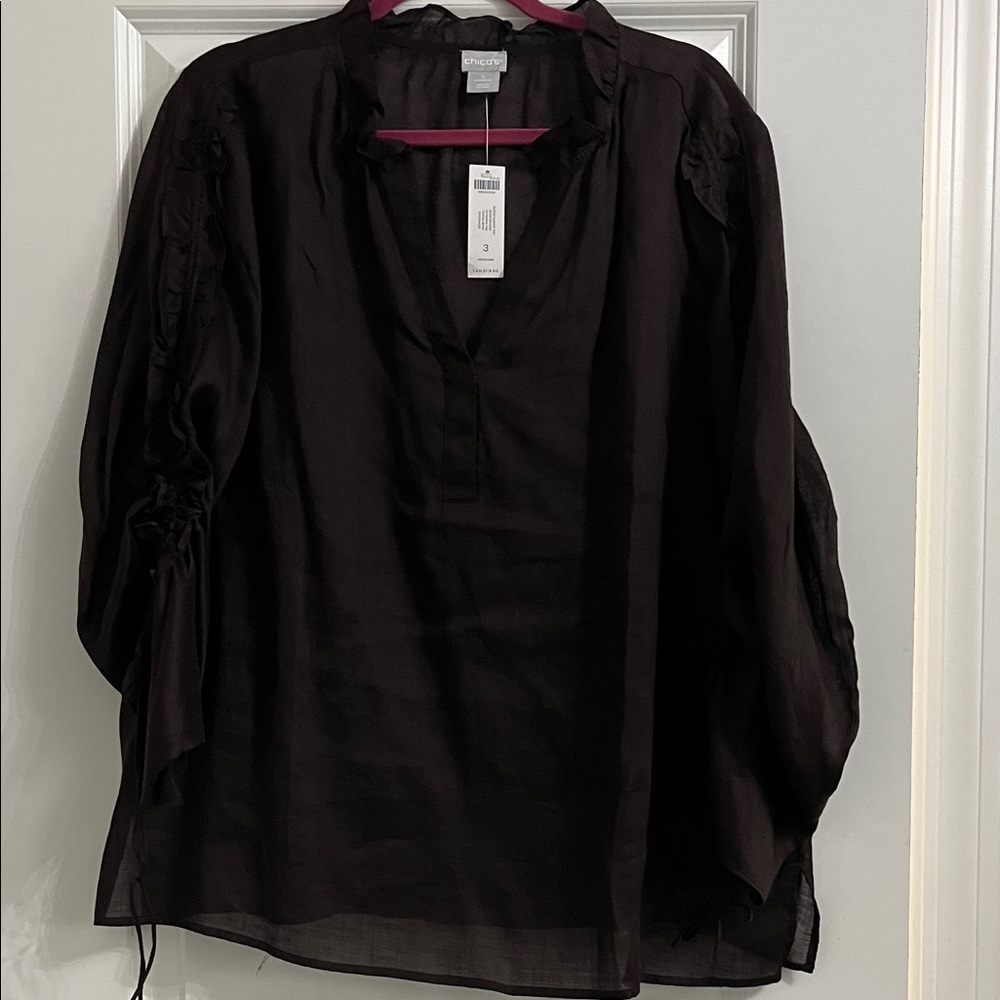 Chico's Brown Linen Blouse with Ruched Sleeves NWT